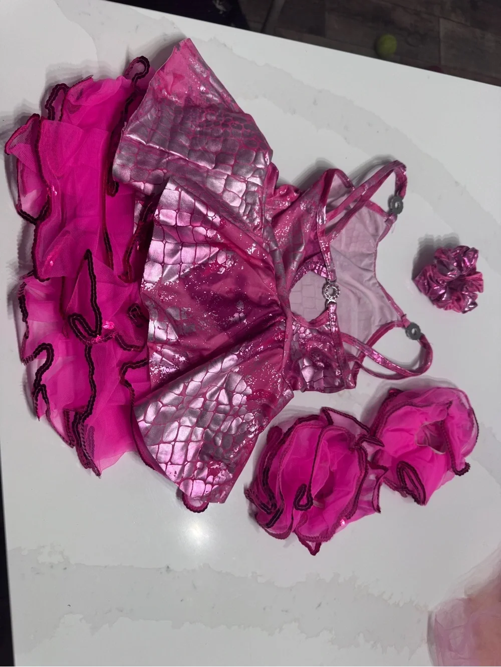 Girls' Hot Pink Metallic Dance Dress with Ruffled Skirt